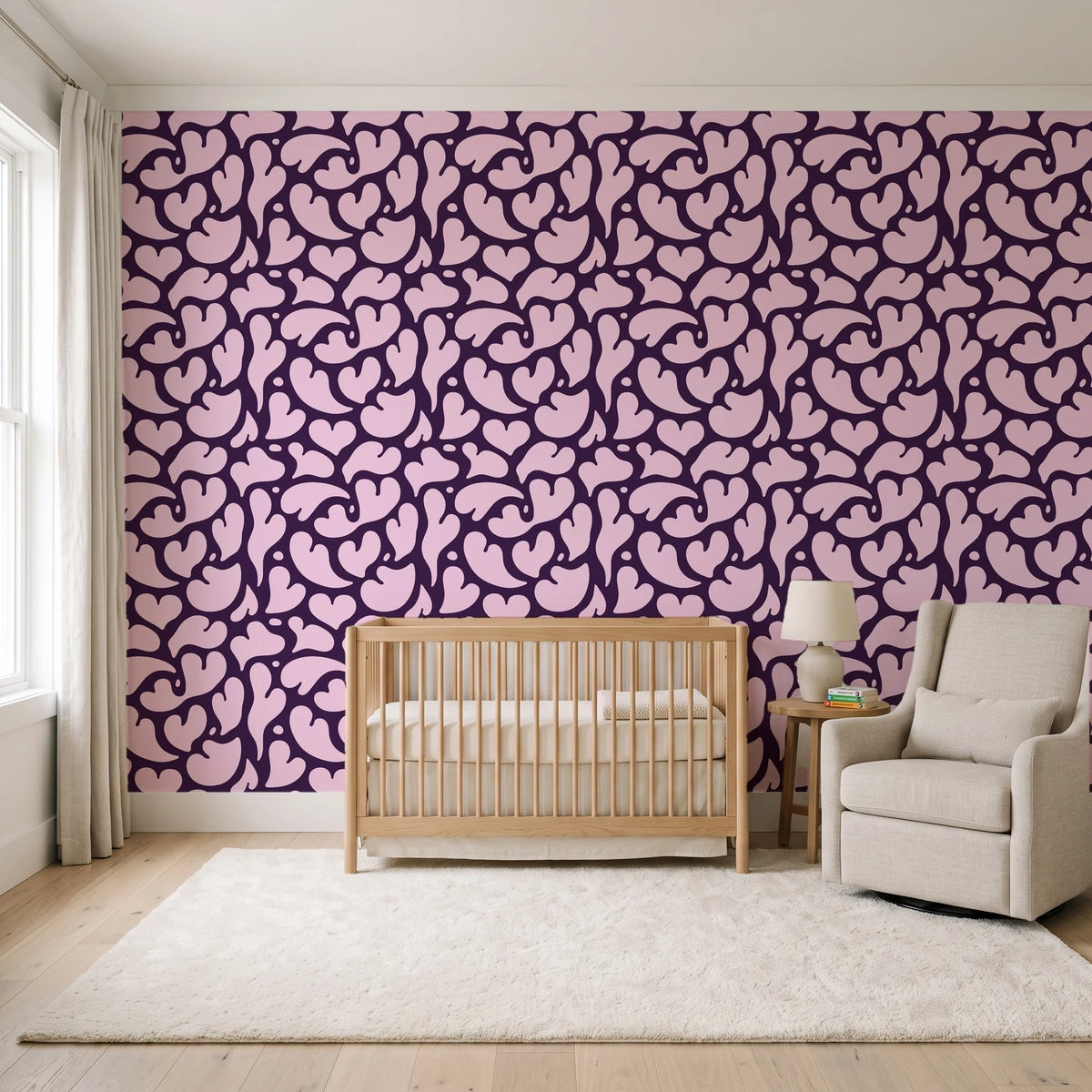 Woven Whisper Aubergine abstract heart wallpaper in a calm, light-filled nursery
