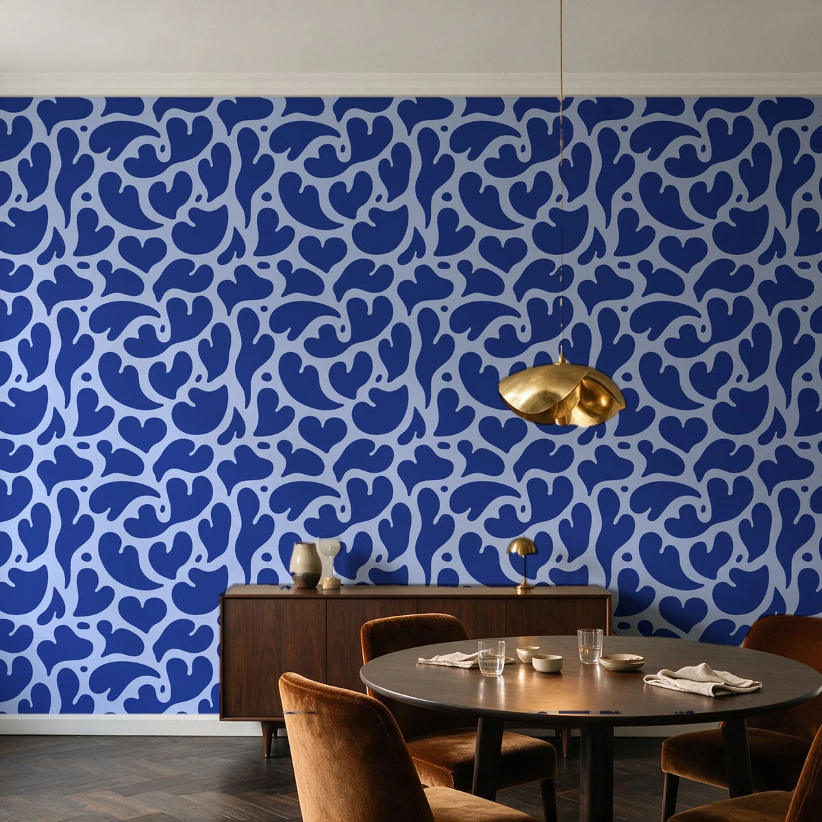Woven Whisper Cobalt abstract heart wallpaper in an elegant dining room
