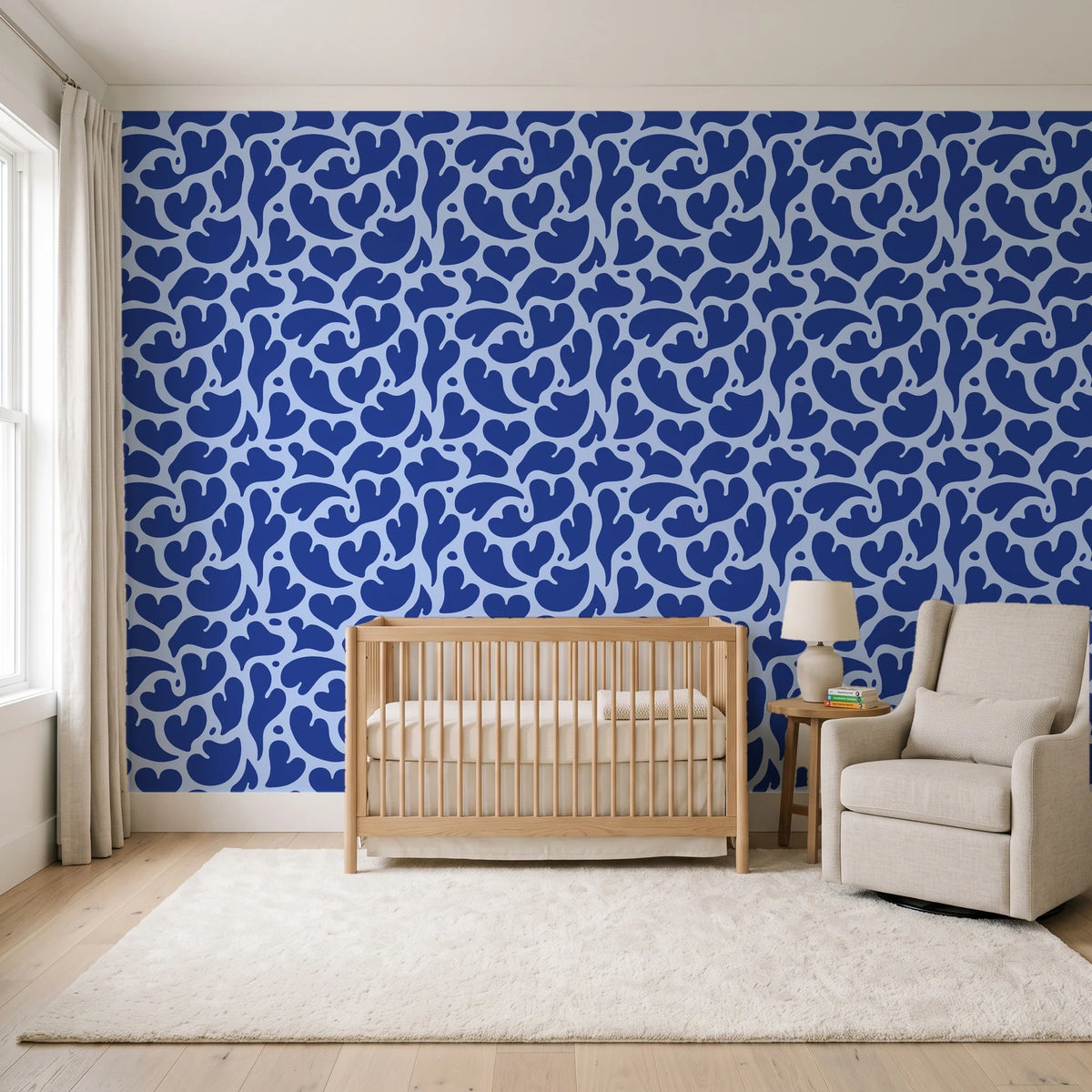 Woven Whisper Cobalt abstract heart wallpaper in a calm, light-filled nursery