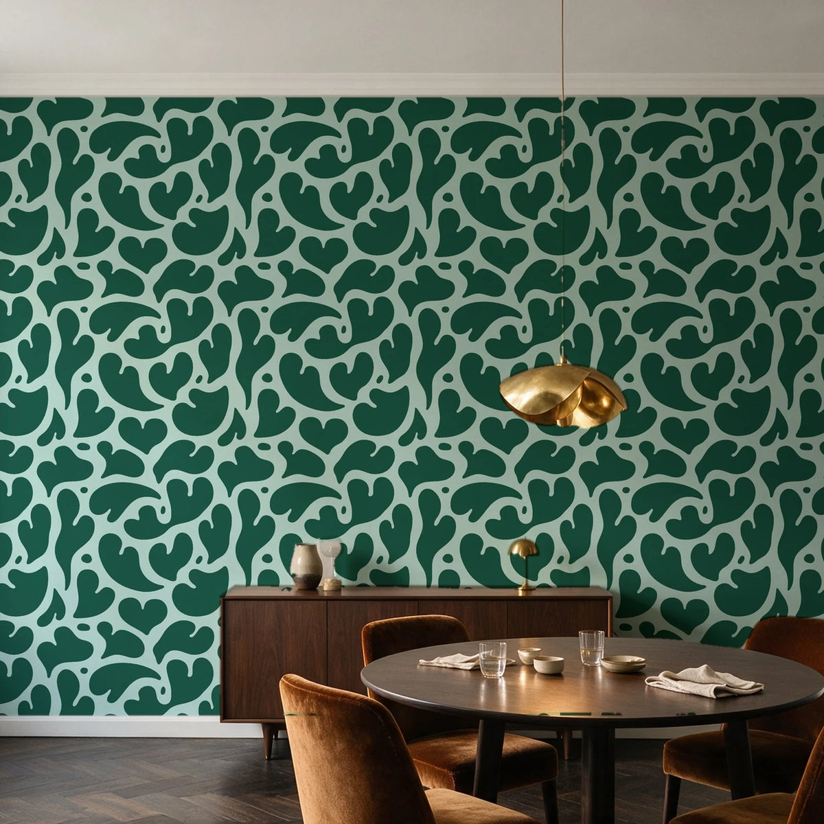 Woven Whisper Emerald abstract heart wallpaper in an elegant dining room