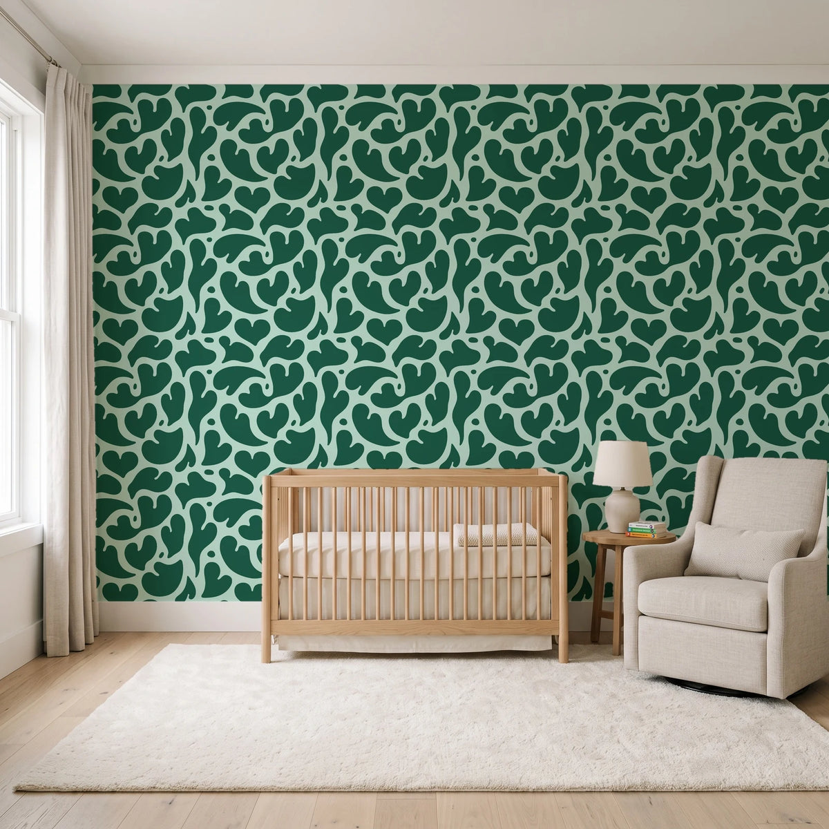 Woven Whisper Emerald abstract heart wallpaper in a calm, light-filled nursery