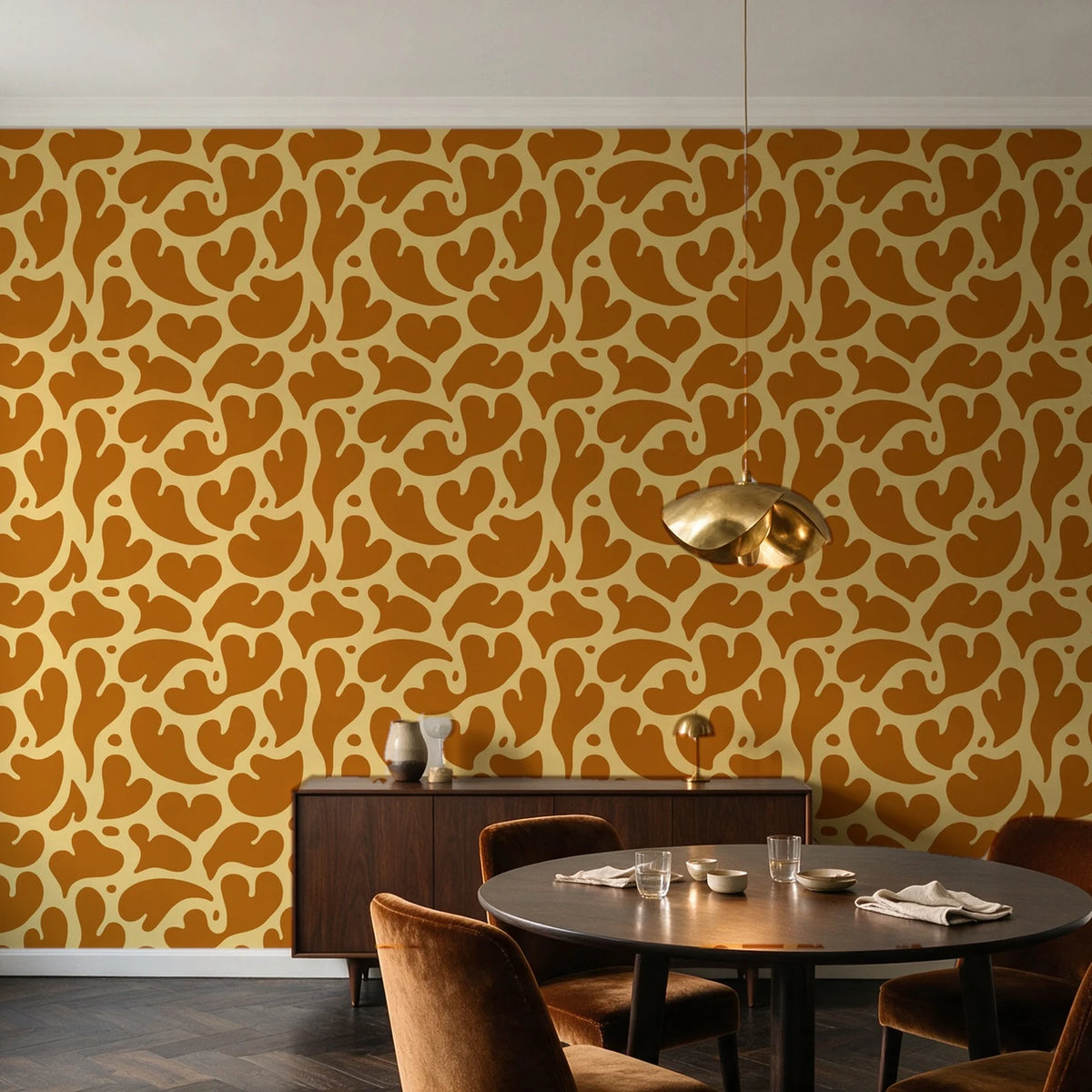 Woven Whisper Marigold abstract heart wallpaper in an elegant dining room