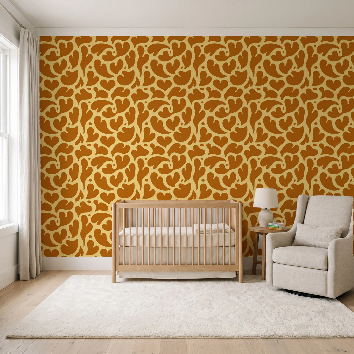 Woven Whisper Marigold abstract heart wallpaper in a calm, light-filled nursery